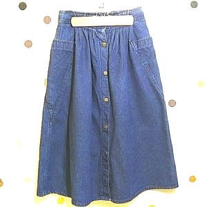 VINTAGE ZENA BUTTON FRONT MIDI DENIM FULL SKIRT RETRO COTTAGECORE WESTERN 80s